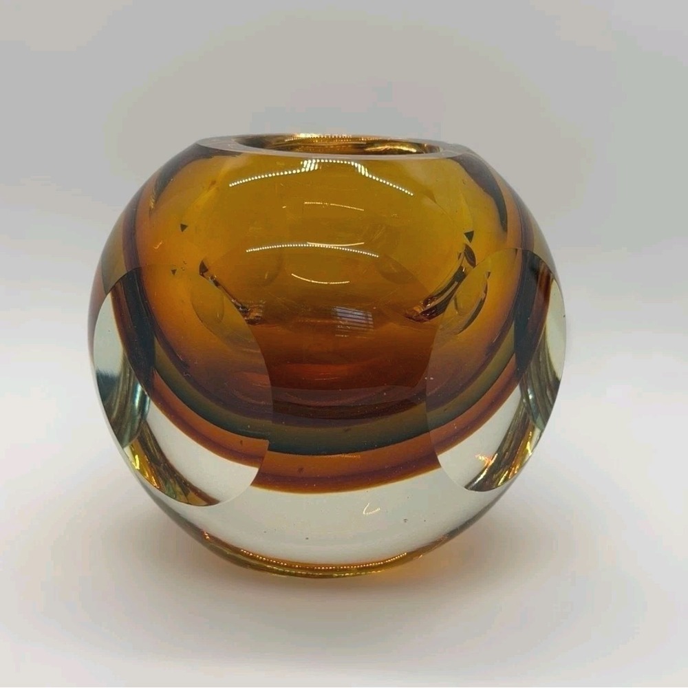 Vintage Murano Sommerso Blown Glass Candle Holder Faceted Ball Brown Green Amber